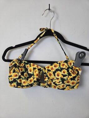 Sunflower Print Bandeau Bikini Top - Black/Yellow